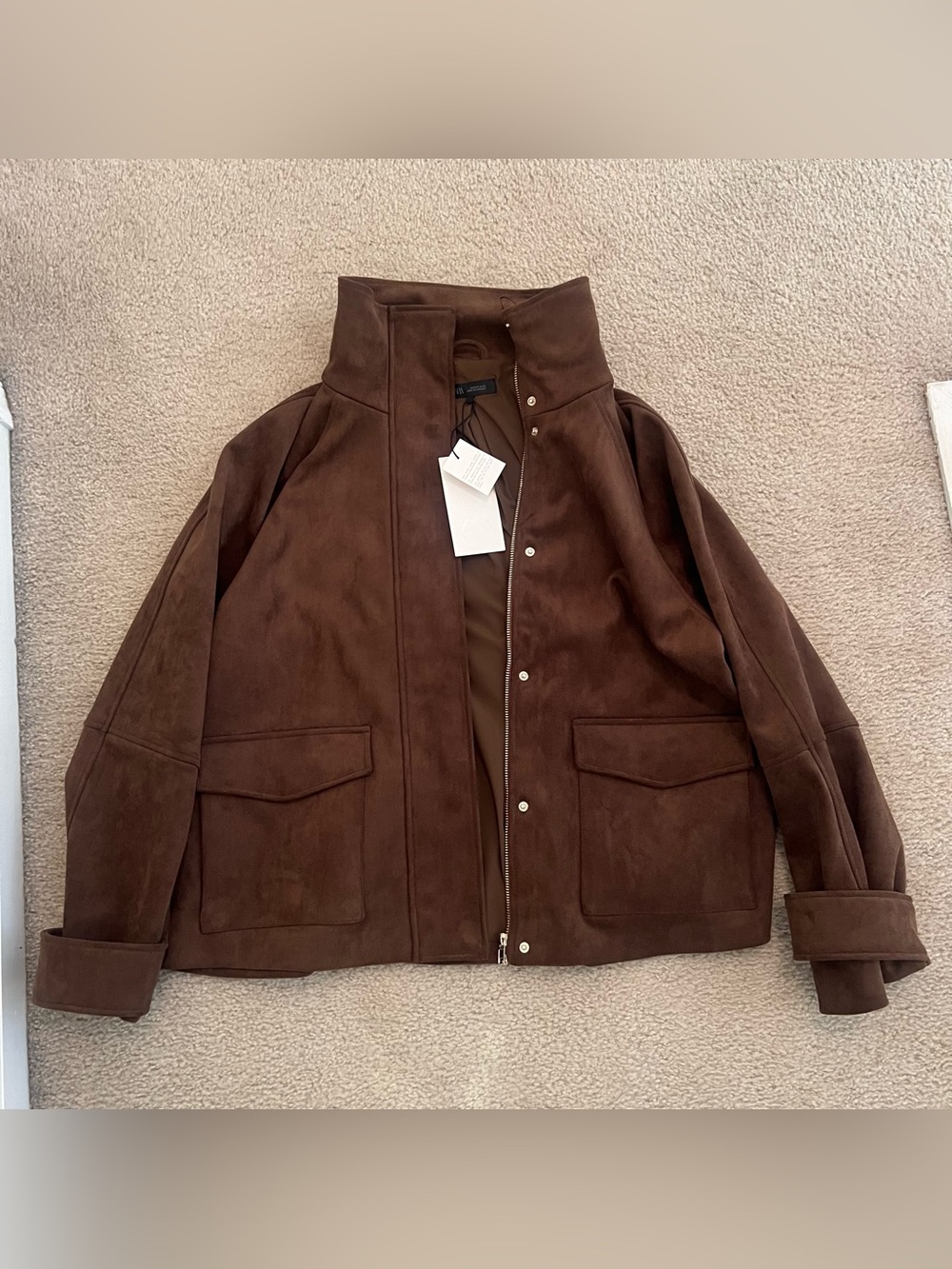 Zara Dark Chocolate Brown Faux Suede Pocket Jacket Relaxed Jacket size Large NWT - Picture 5 of 8